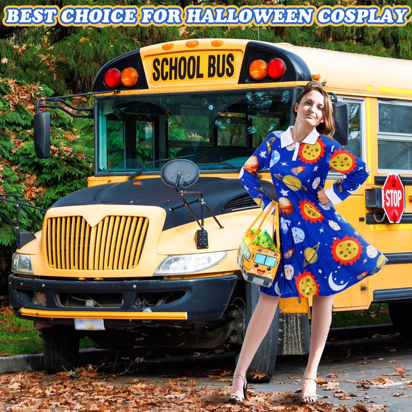 ramede 3 Pcs Women Halloween Teacher Costume Set Vintage Long Sleeve Dress with School Bus Bag for Halloween Role Play Party