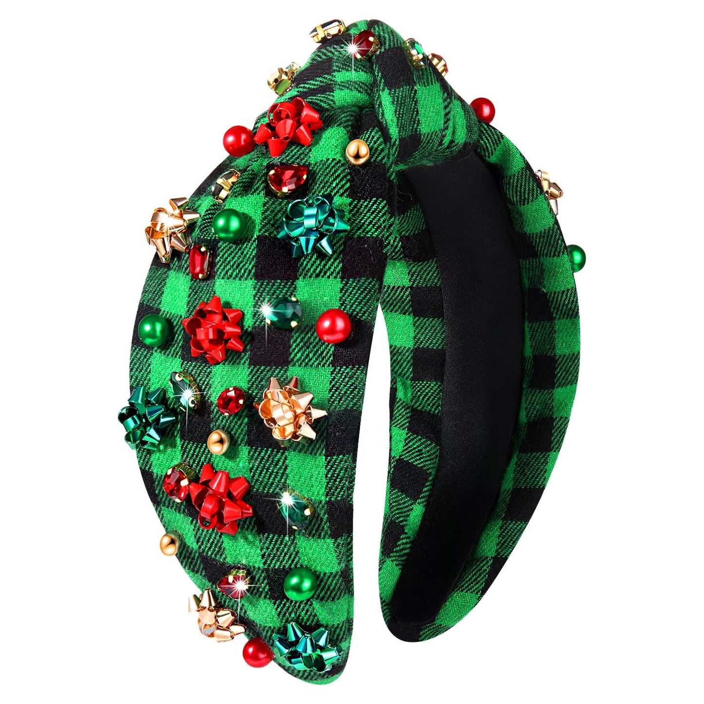 NVENF Jeweled Plaid Headband with Embellished Crystals and Pearls - Knotted Wide Top Knot Hair Accessory for Women, Holiday Outfits & Gifts