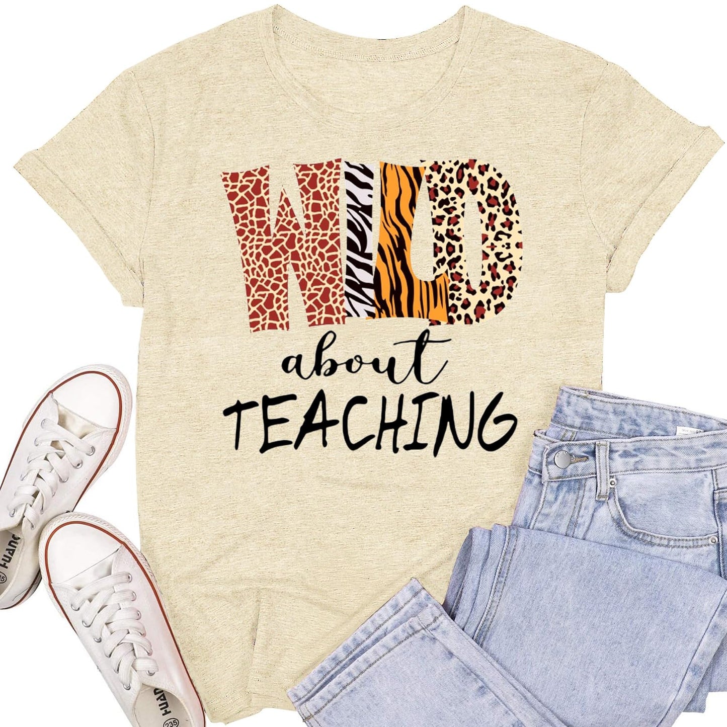 Womens Teacher Shirts Wild About Teaching Leopard Print T-Shirt Teacher Life Tee Top