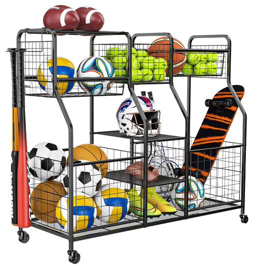 Garage Sports Equipment Organizer, Ball Storage Rack, Garage Organizer System, Indoor/Outdoor Sports Rack, Rolling Sports Ball Storage Cart with Wheels, for Basketballs Footballs Volleyball, Black