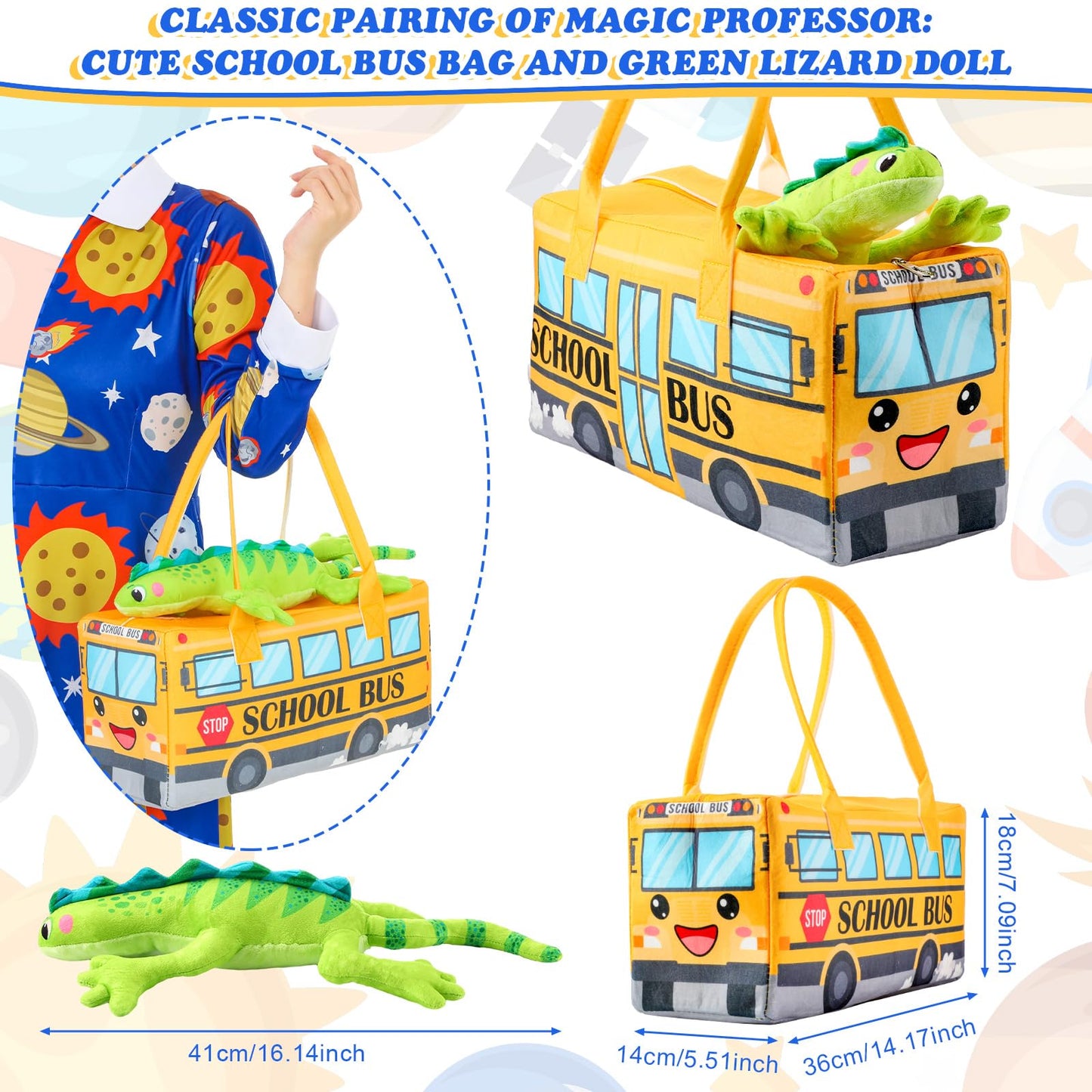 ramede 3 Pcs Women Halloween Teacher Costume Set Vintage Long Sleeve Dress with School Bus Bag for Halloween Role Play Party