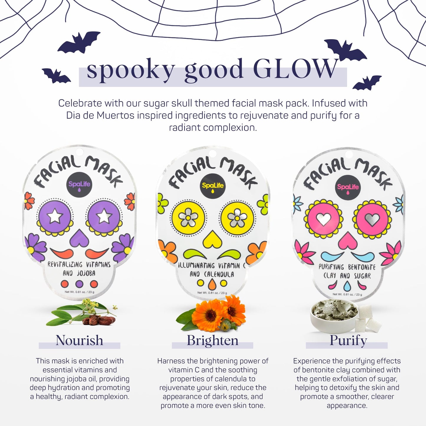 SpaLife Facial Mask Sheet Bundle - Pumpkin, Ghost, Bat - Halloween Character Mask Bundle - Face Masks for Skin Care - Moisturizing Sheet Face Masks - Skincare Pack for Women - Spa Beauty Masks
