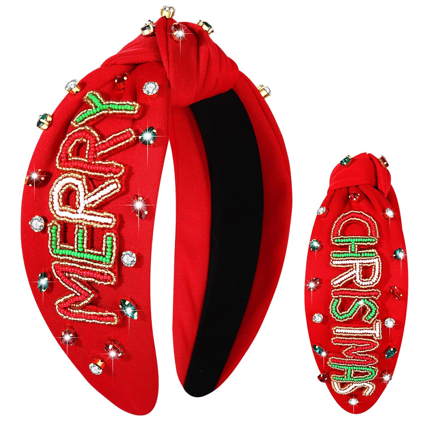 NVENF Jeweled Plaid Headband with Embellished Crystals and Pearls - Knotted Wide Top Knot Hair Accessory for Women, Holiday Outfits & Gifts