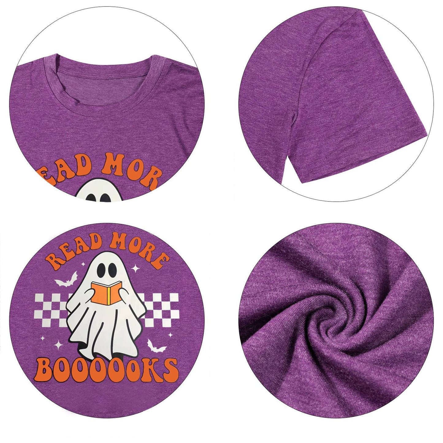 Halloween Teacher Shirts for Women Groovy Read More Books Ghost T-Shirt Short Sleeve Halloween Party Tee Tops