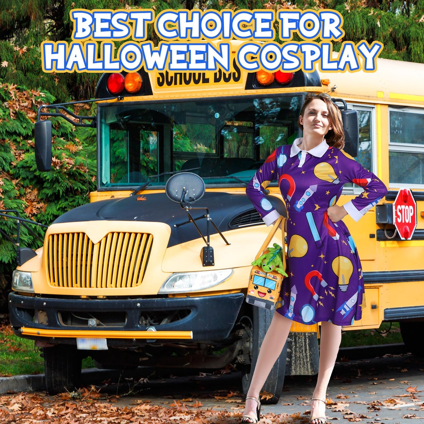 ramede 3 Pcs Women Halloween Teacher Costume Set Vintage Long Sleeve Dress with School Bus Bag for Halloween Role Play Party