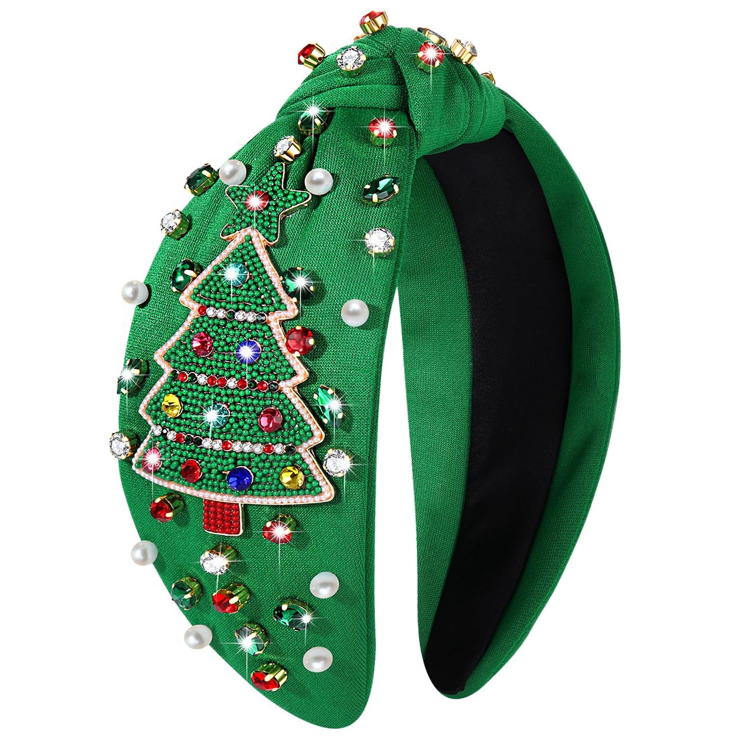 NVENF Jeweled Plaid Headband with Embellished Crystals and Pearls - Knotted Wide Top Knot Hair Accessory for Women, Holiday Outfits & Gifts
