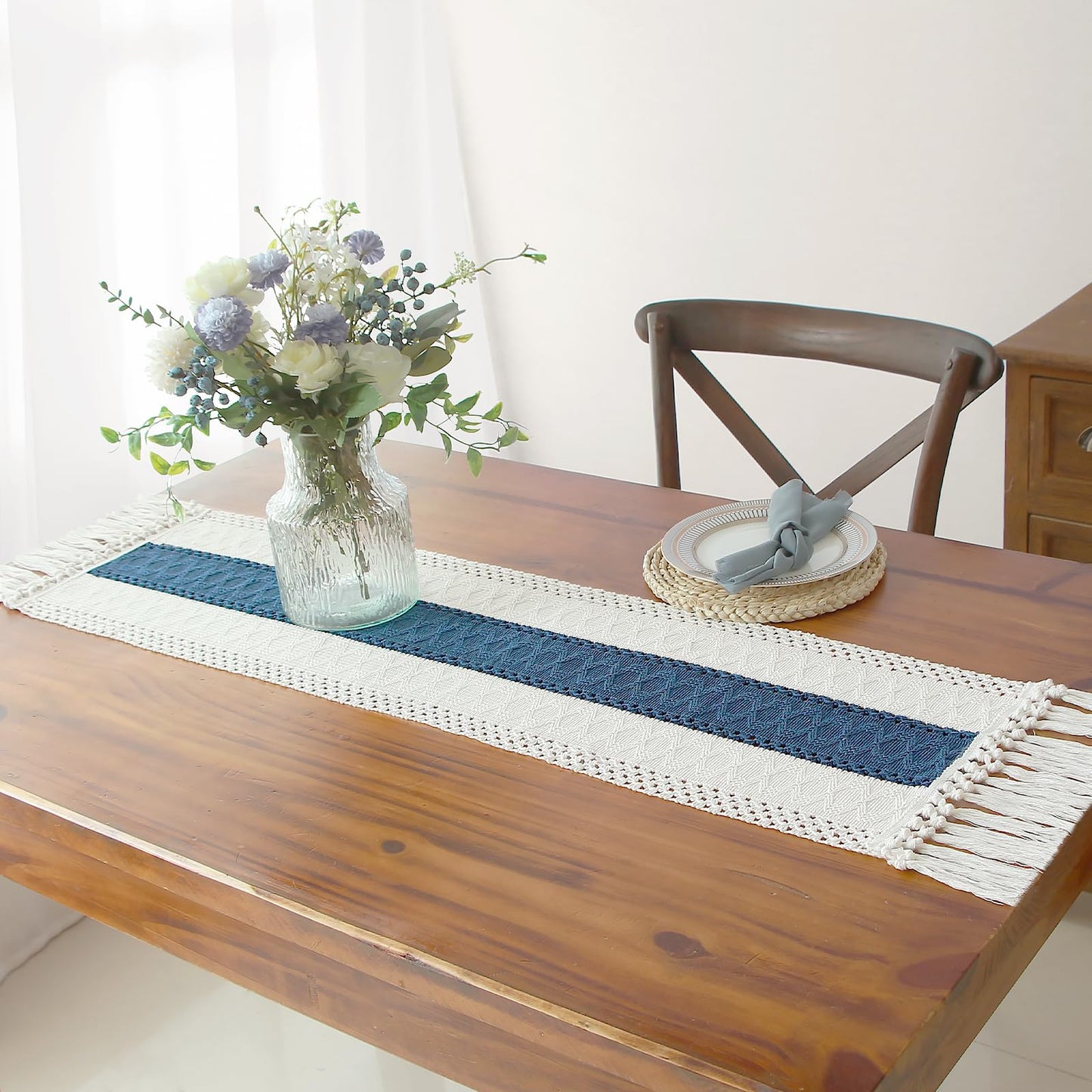 FEXIA Thanksgiving Table Runner for Home Decor with Tassels 72 Inches Long Farmhouse Rustic Boho Table Runner Macrame Burlap Fall Table Decoration for Living Room Bridal Shower(12x72 Inches)