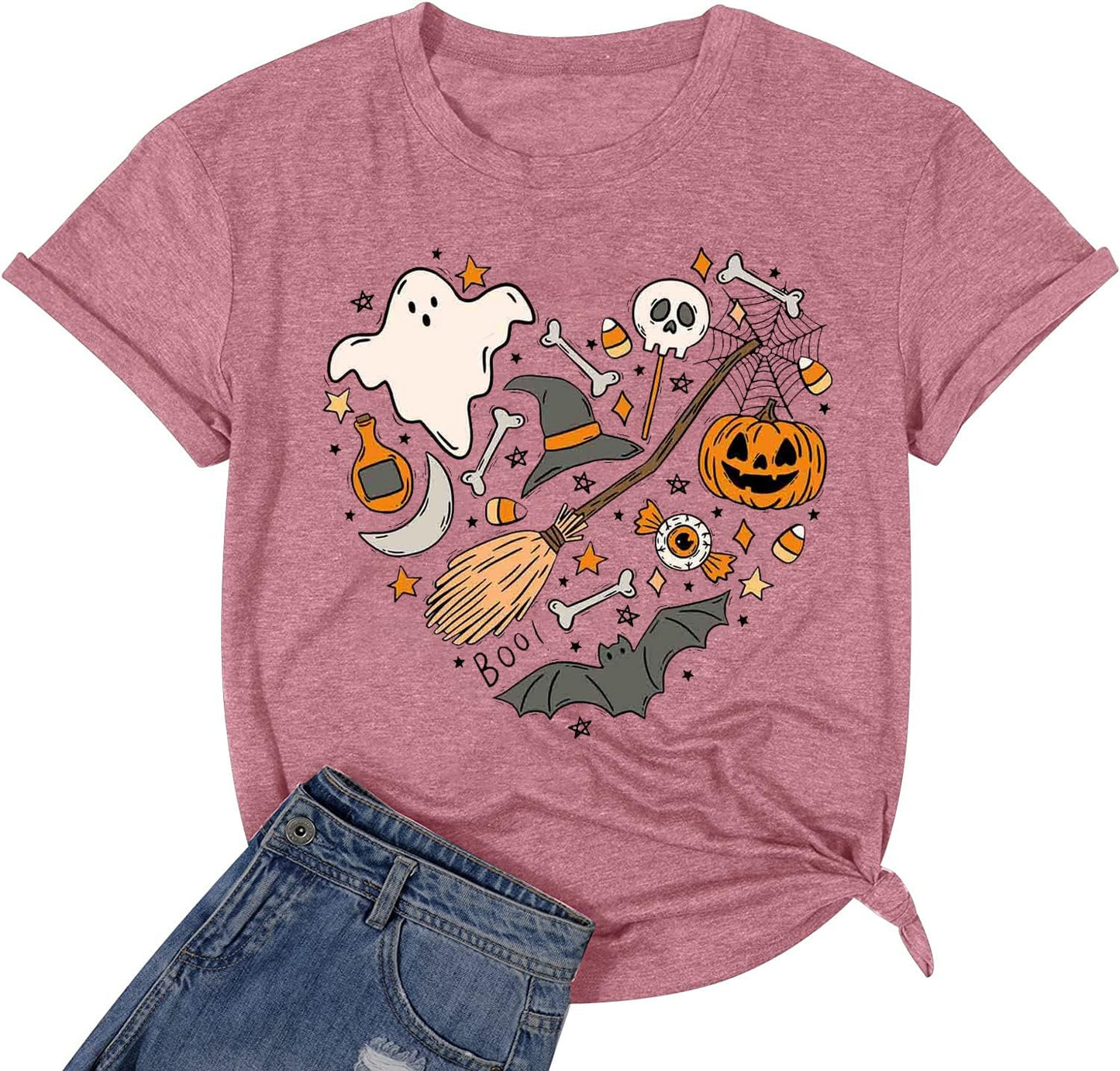 Halloween Doodles Shirt for Women Cute Vintage Graphic Halloween Party Tshirt Short Sleeve Fall Season Tees
