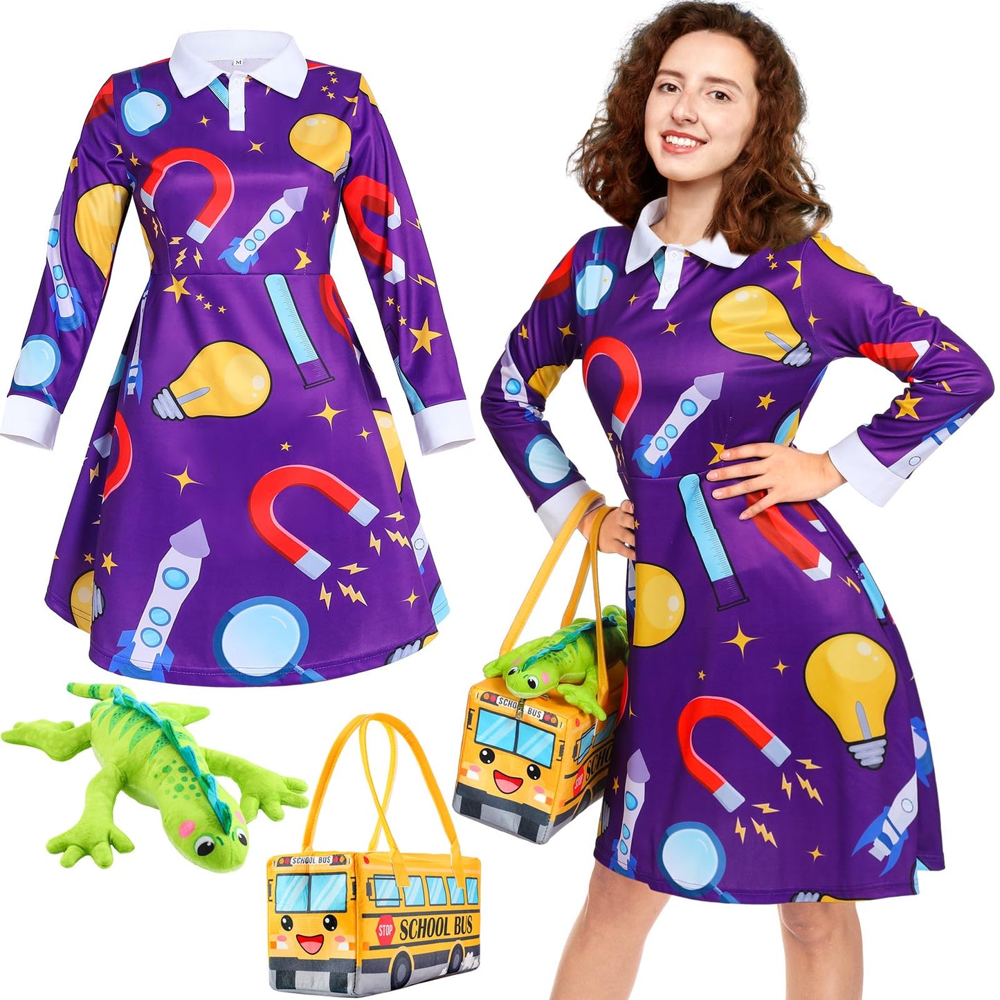 ramede 3 Pcs Women Halloween Teacher Costume Set Vintage Long Sleeve Dress with School Bus Bag for Halloween Role Play Party