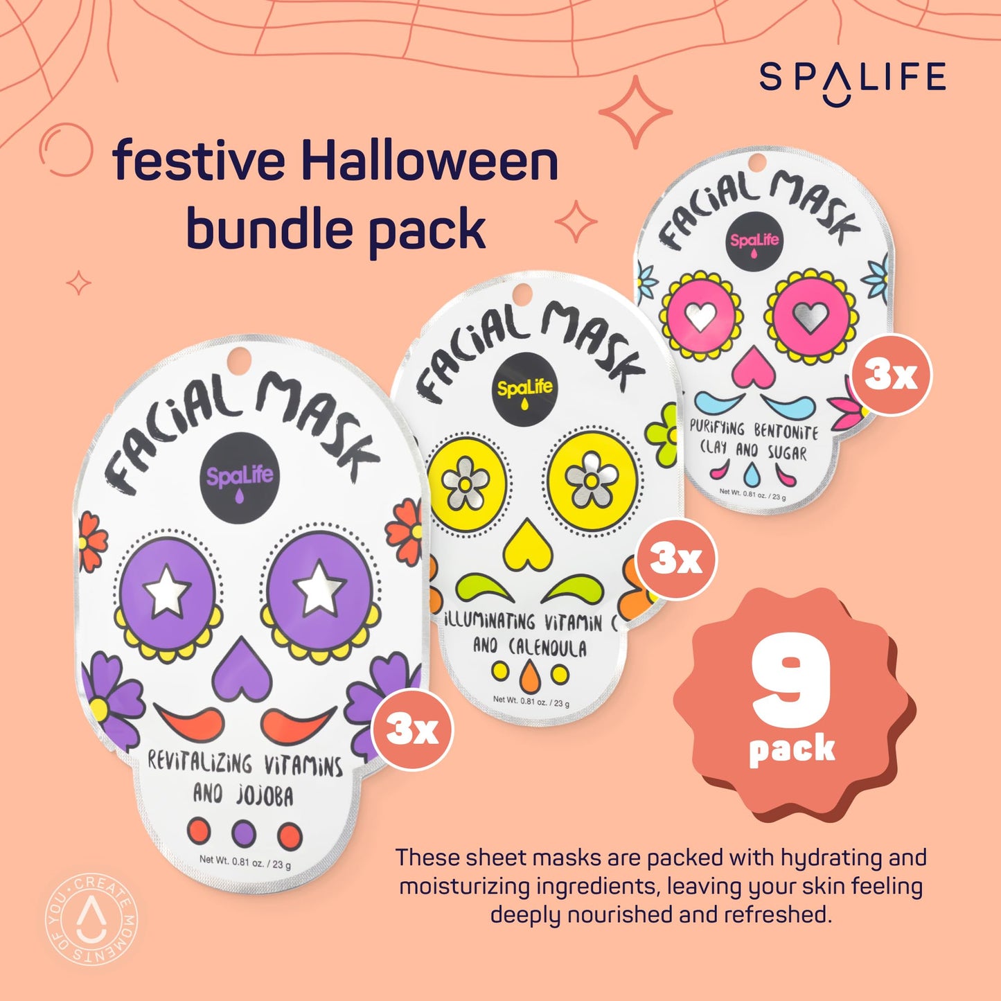 SpaLife Facial Mask Sheet Bundle - Pumpkin, Ghost, Bat - Halloween Character Mask Bundle - Face Masks for Skin Care - Moisturizing Sheet Face Masks - Skincare Pack for Women - Spa Beauty Masks