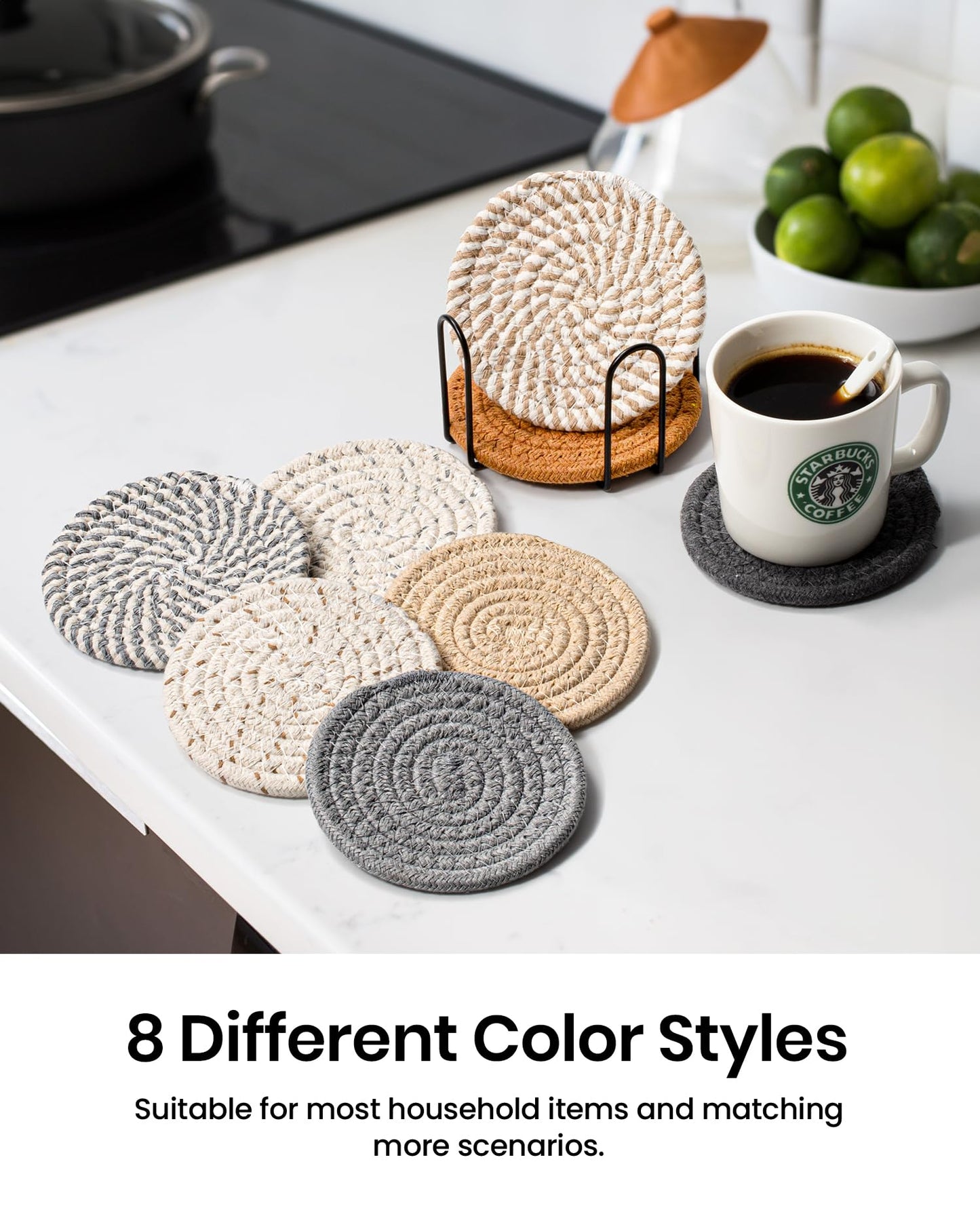 8 Pcs Drink Coasters with Holder, 8 Colors Absorbent Coasters for Drinks Minimalist Cup Coasters Cotton Coaster Set Woven Coasters for Coffee Table Home Decor Bar Housewarming Gift, 4.3 Inch