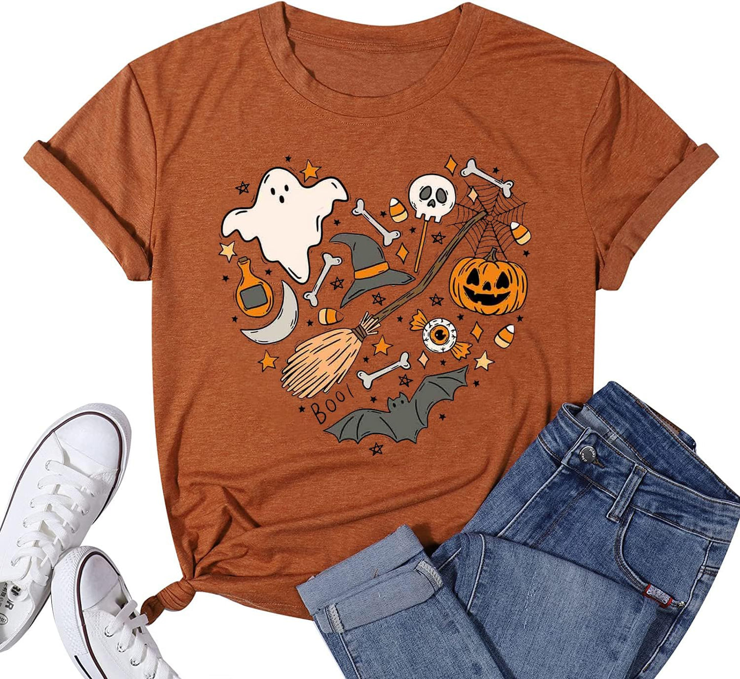 Halloween Doodles Shirt for Women Cute Vintage Graphic Halloween Party Tshirt Short Sleeve Fall Season Tees