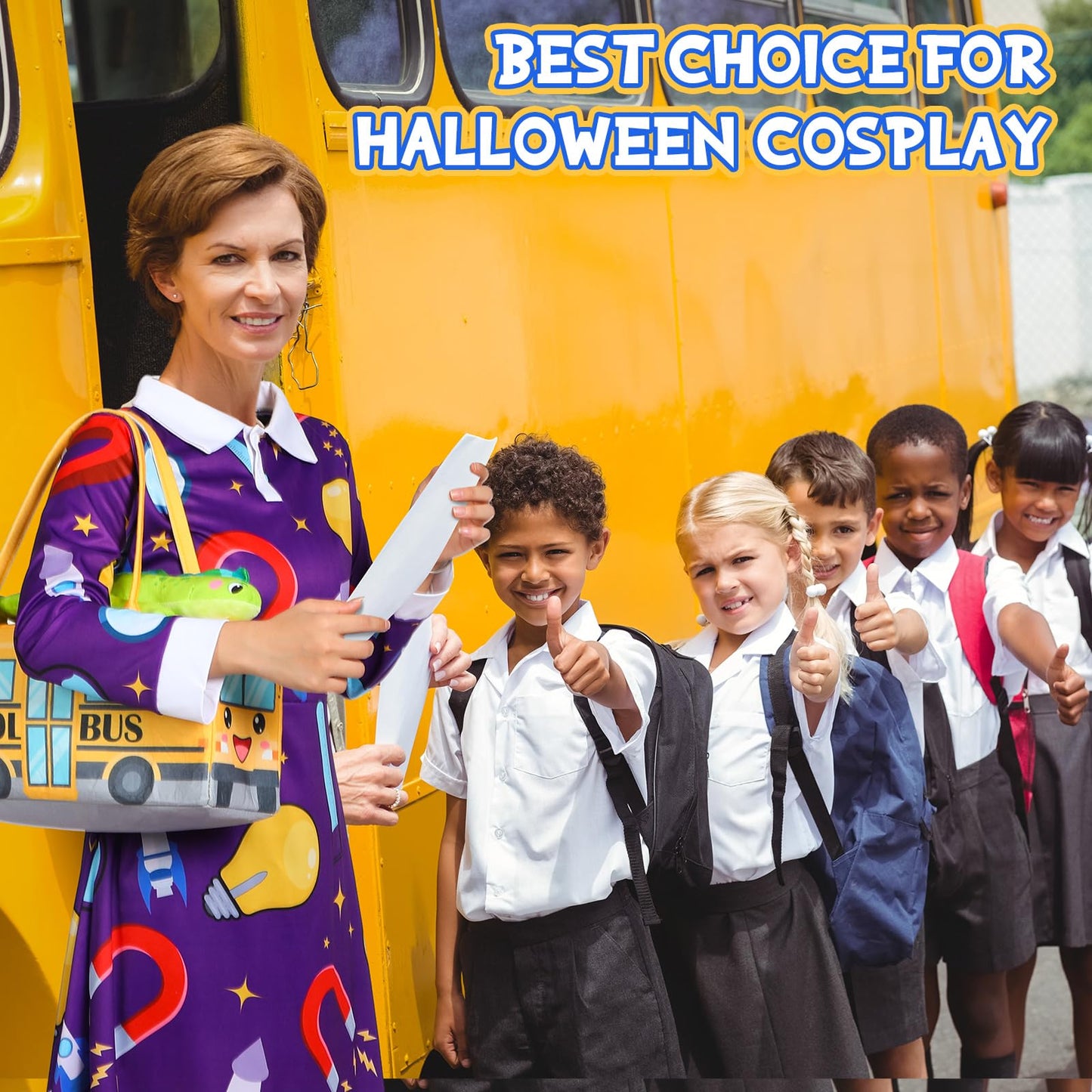 ramede 3 Pcs Women Halloween Teacher Costume Set Vintage Long Sleeve Dress with School Bus Bag for Halloween Role Play Party