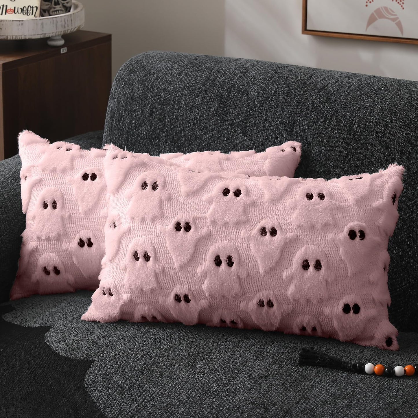 DFXSZ Halloween Pillow Covers 18x18 inch Set of 2 White Ghost Throw Pillow Cases Soft Plush Faux Fur Wool Couch Cushion Case for Chair Sofa Bedroom Living Room Home Decor PTK03A18