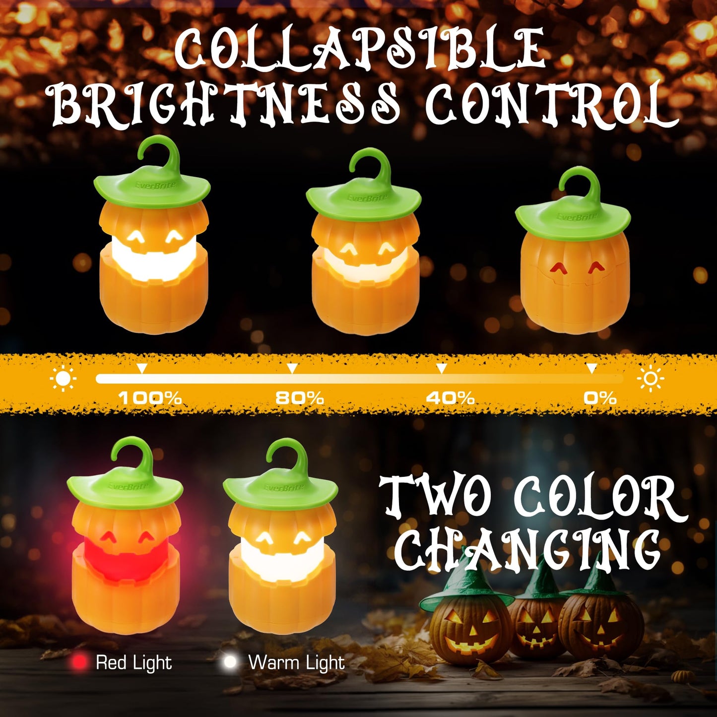 EverBrite 6-Pack Halloween Pumpkin Lantern, Collapsible Jack O Lantern Pumpkins with Lanyard, Halloween Party Favors for Kids, Light up Pumpkin Outdoor for Halloween Party Decoration, Battery Included