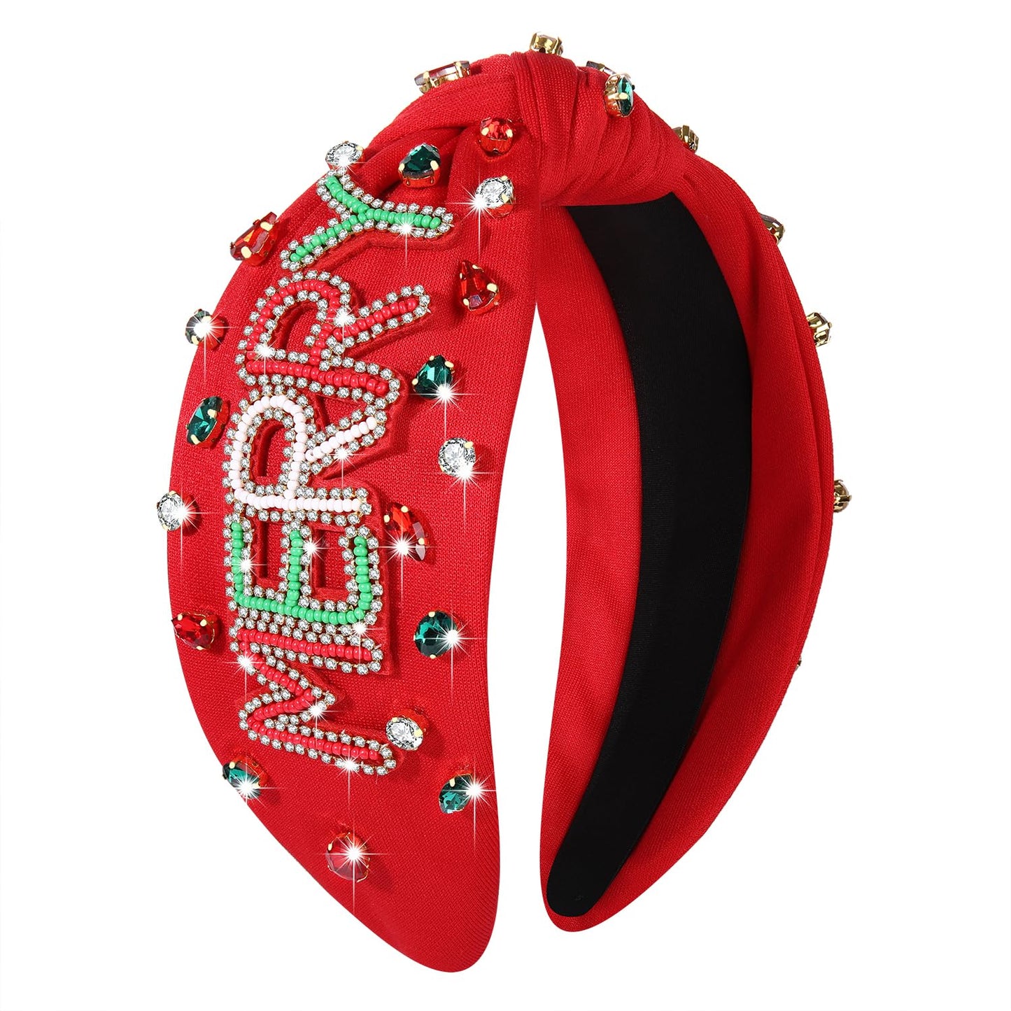 NVENF Jeweled Plaid Headband with Embellished Crystals and Pearls - Knotted Wide Top Knot Hair Accessory for Women, Holiday Outfits & Gifts