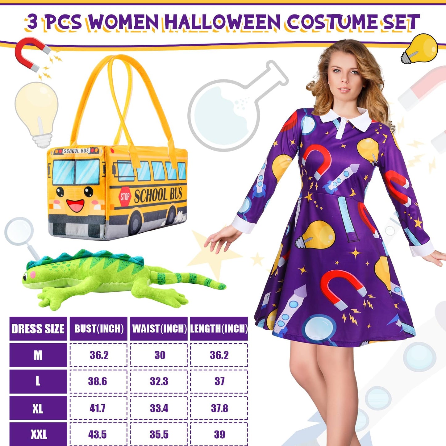 ramede 3 Pcs Women Halloween Teacher Costume Set Vintage Long Sleeve Dress with School Bus Bag for Halloween Role Play Party
