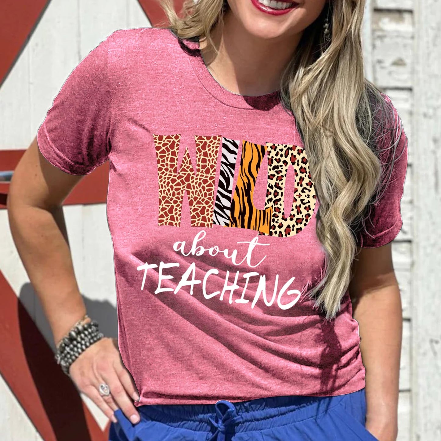 Womens Teacher Shirts Wild About Teaching Leopard Print T-Shirt Teacher Life Tee Top