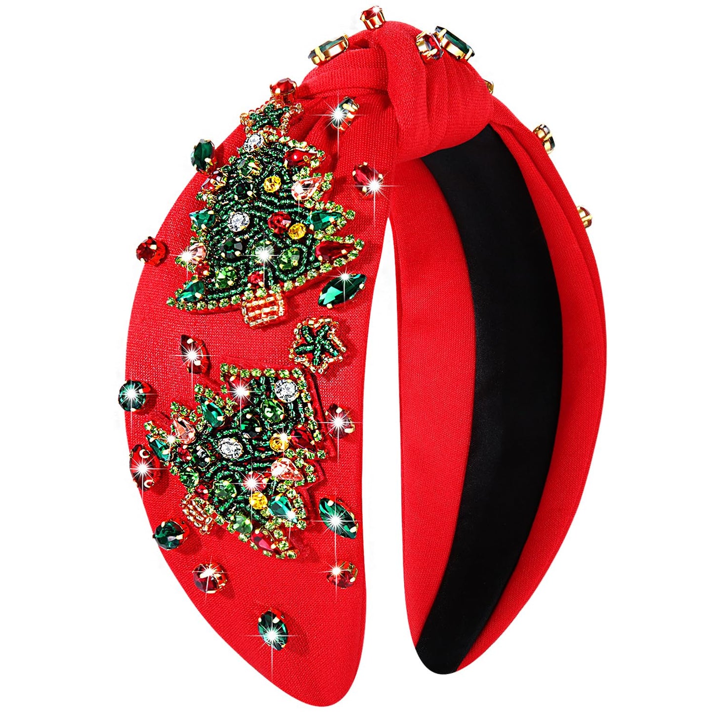 NVENF Jeweled Plaid Headband with Embellished Crystals and Pearls - Knotted Wide Top Knot Hair Accessory for Women, Holiday Outfits & Gifts