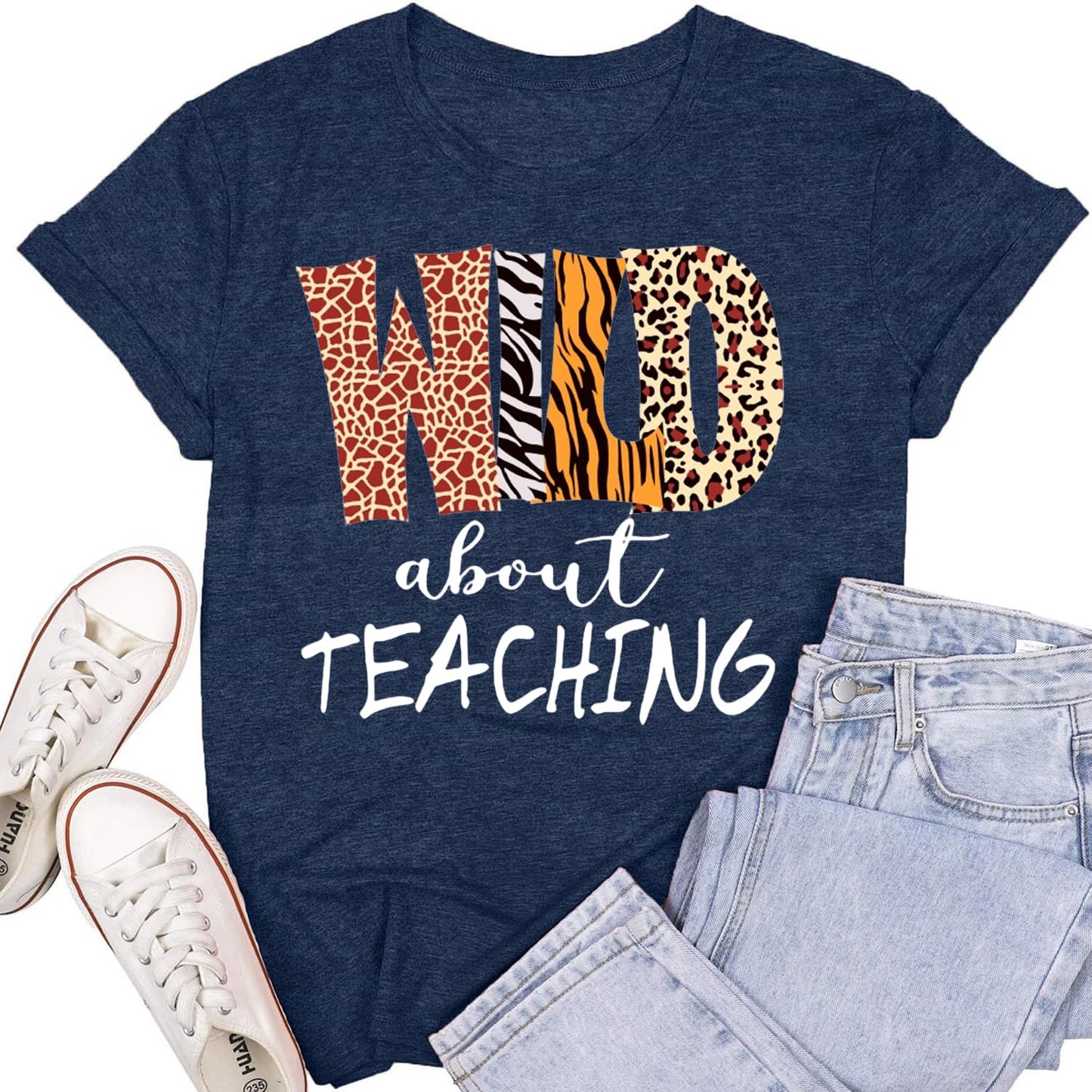 Womens Teacher Shirts Wild About Teaching Leopard Print T-Shirt Teacher Life Tee Top