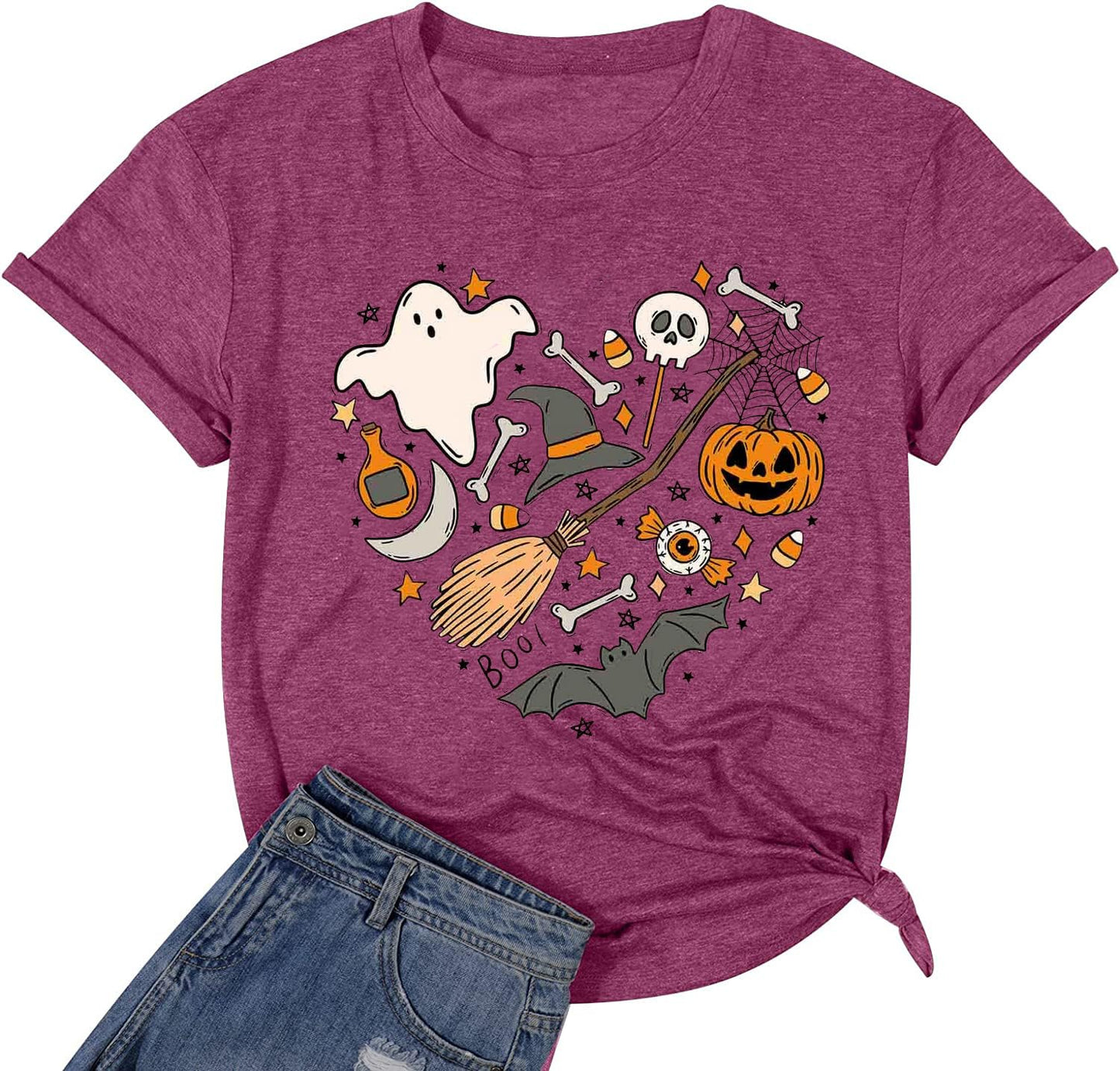 Halloween Doodles Shirt for Women Cute Vintage Graphic Halloween Party Tshirt Short Sleeve Fall Season Tees