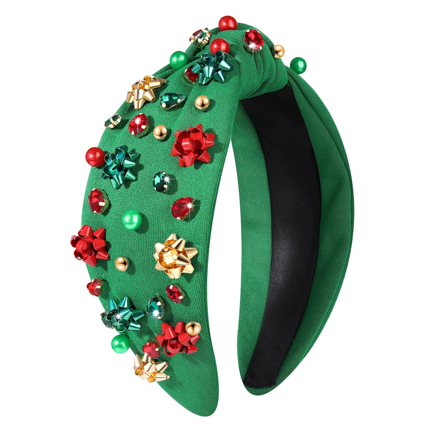 NVENF Jeweled Plaid Headband with Embellished Crystals and Pearls - Knotted Wide Top Knot Hair Accessory for Women, Holiday Outfits & Gifts