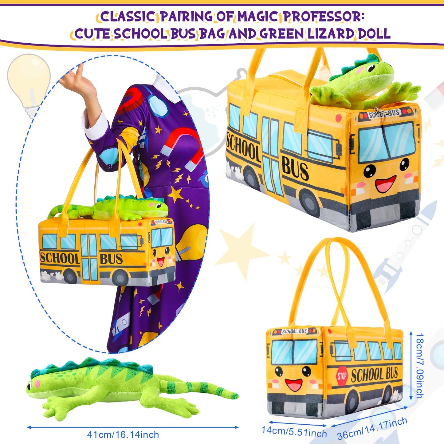 ramede 3 Pcs Women Halloween Teacher Costume Set Vintage Long Sleeve Dress with School Bus Bag for Halloween Role Play Party