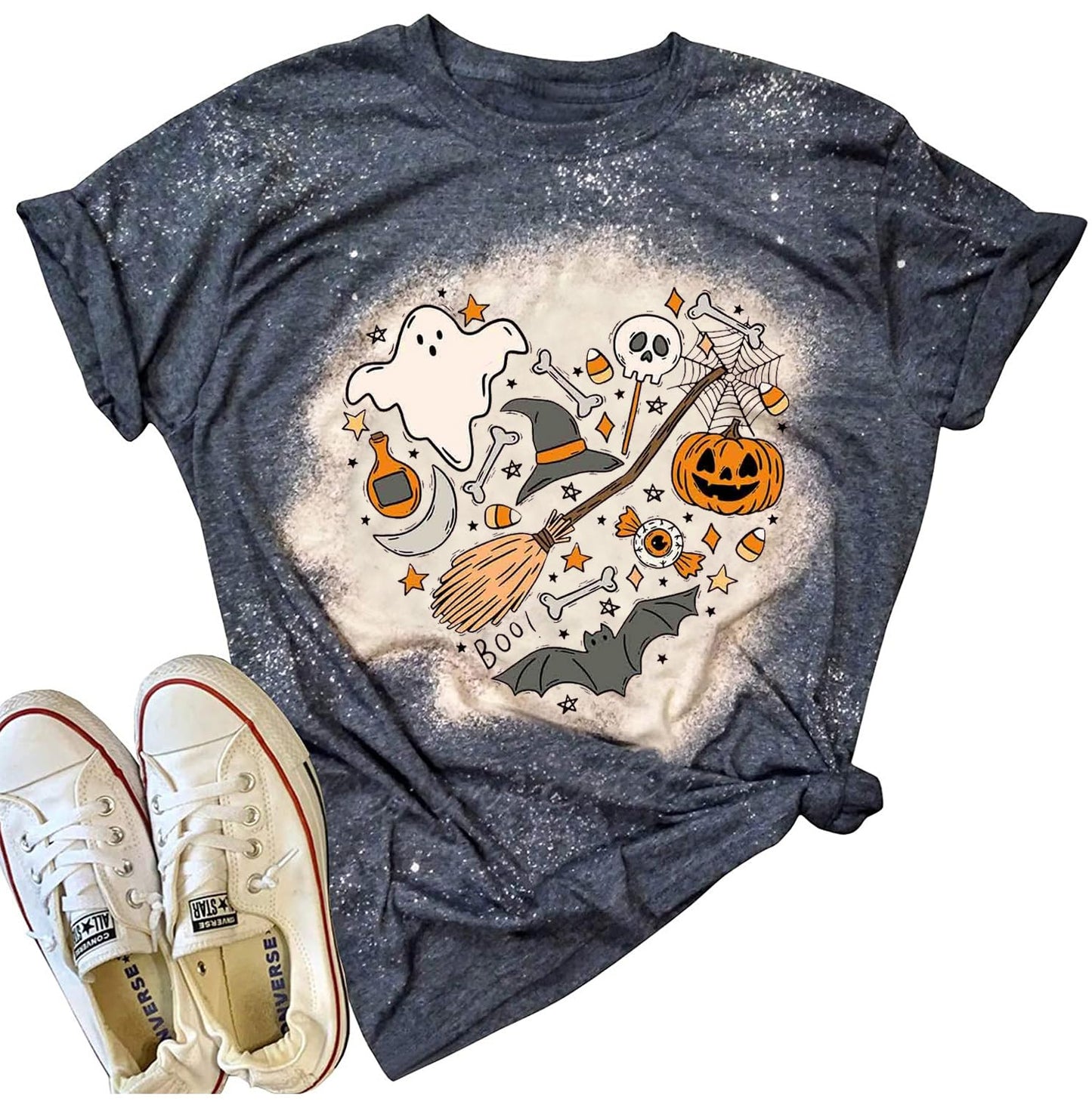 Halloween Doodles Shirt for Women Cute Vintage Graphic Halloween Party Tshirt Short Sleeve Fall Season Tees