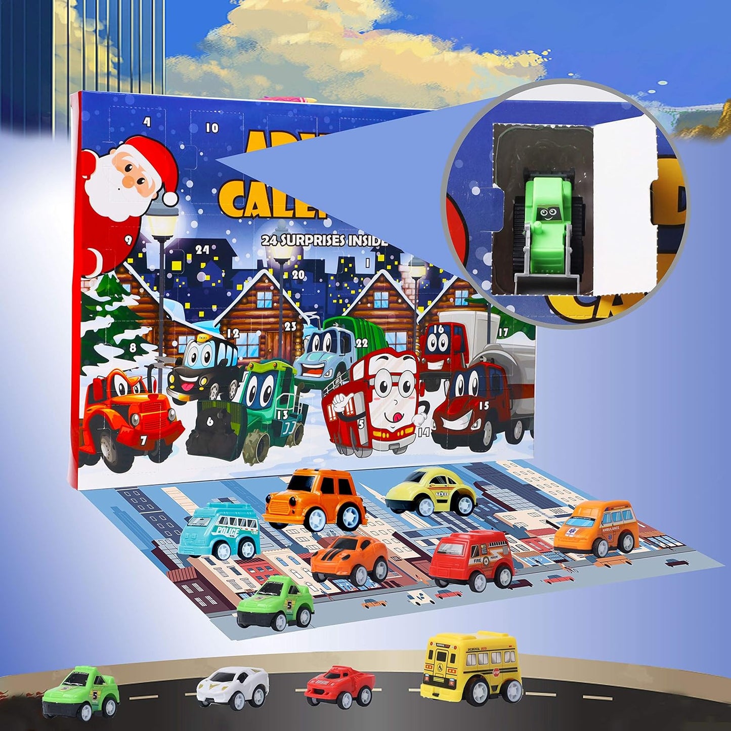 Juegoal Cars Advent Calendar 2024 for Kids, Stocking Stuffer Toy Cars with 24 Different Pull Back Vehicles Including Construction Vehicles, Race Cars, Perfect for Boys and Girls