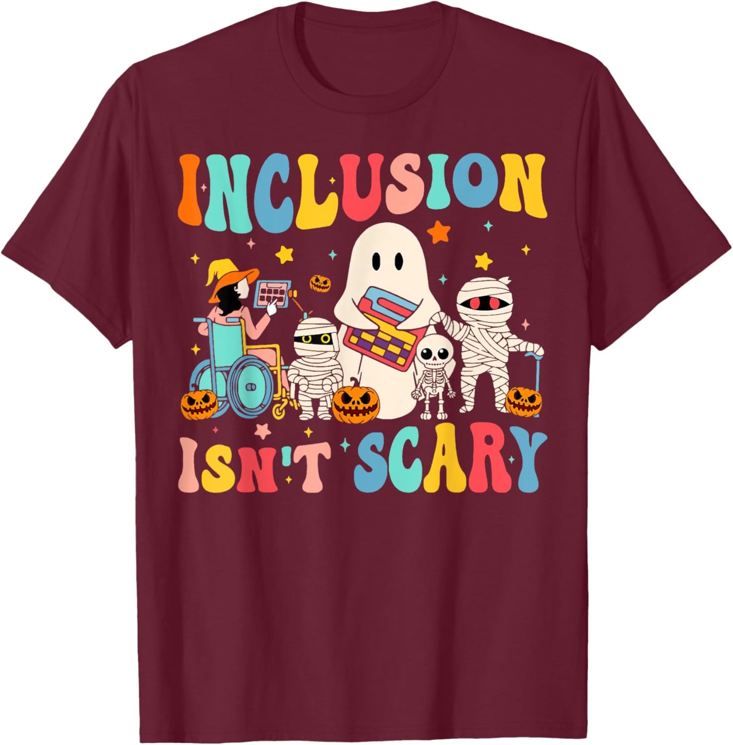 Inclusion Isn't Scary Teacher Skeleton Ghost Cute Halloween T-Shirt