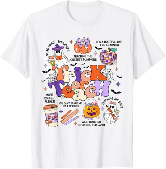Retro Trick Or Teach Halloween Teacher Ghost Spooky Teacher T-Shirt