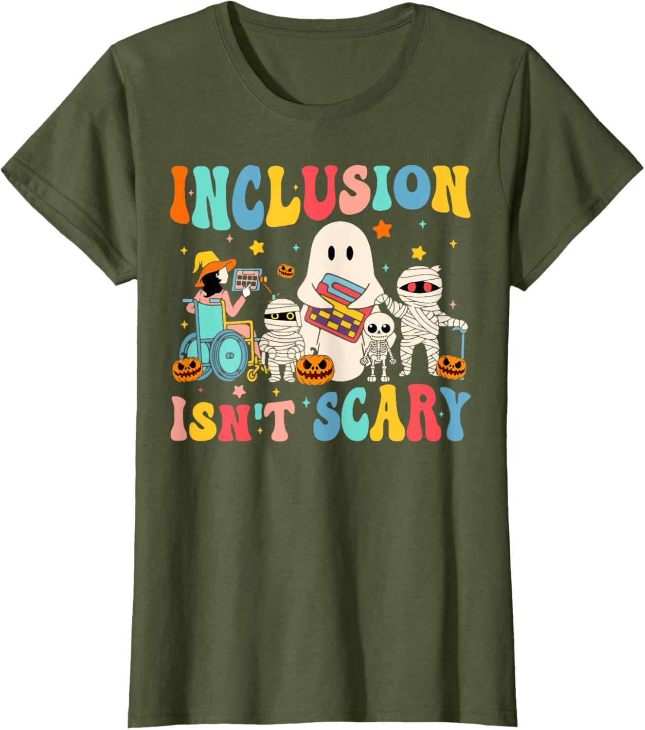Inclusion Isn't Scary Teacher Skeleton Ghost Cute Halloween T-Shirt