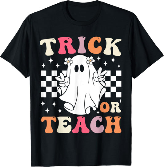 Groovy Trick or Teach Retro Spooky Ghost Halloween Teacher T-Shirt
